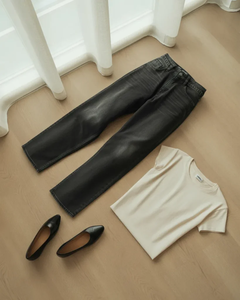 Black ballet flat styled with straight-leg jeans and a white tee for a capsule wardrobe outfit
