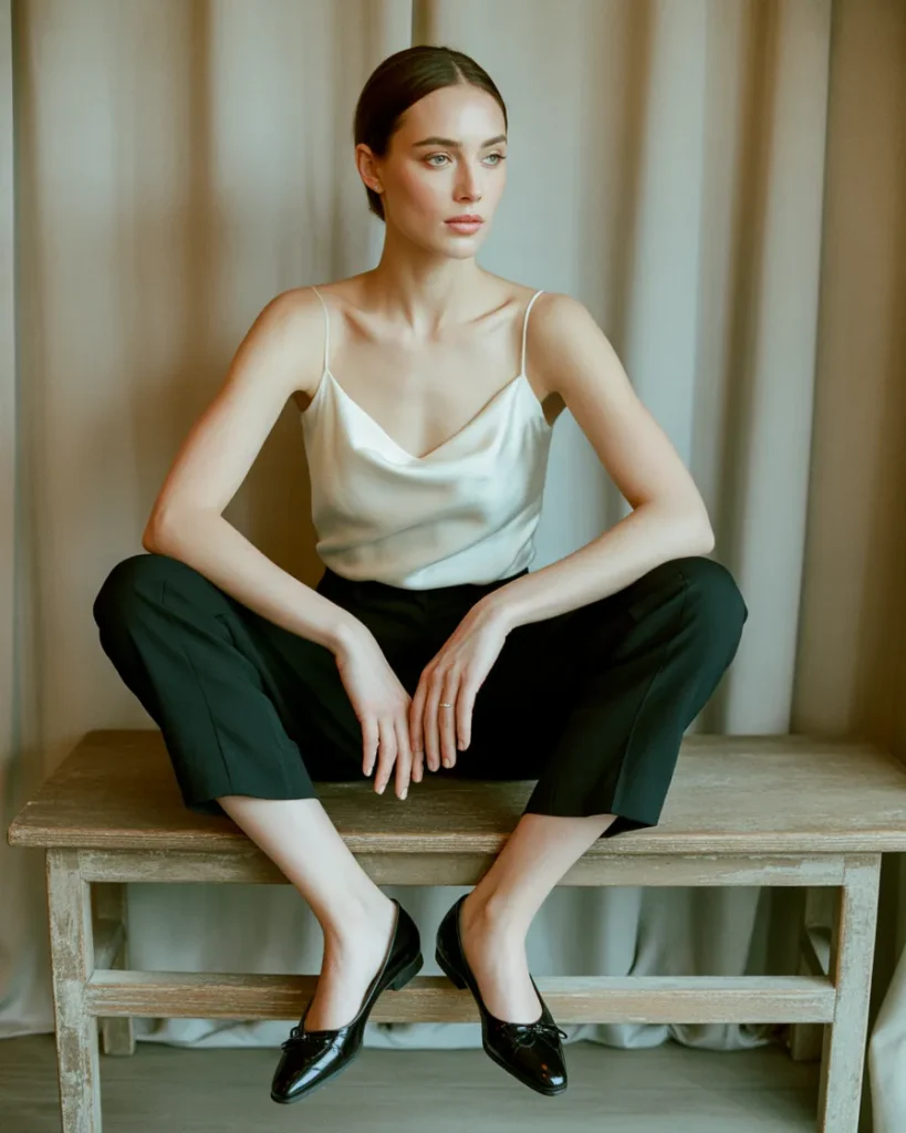 Black ballet flats styled with cropped trousers and a silk camisole for a quiet luxury workwear look