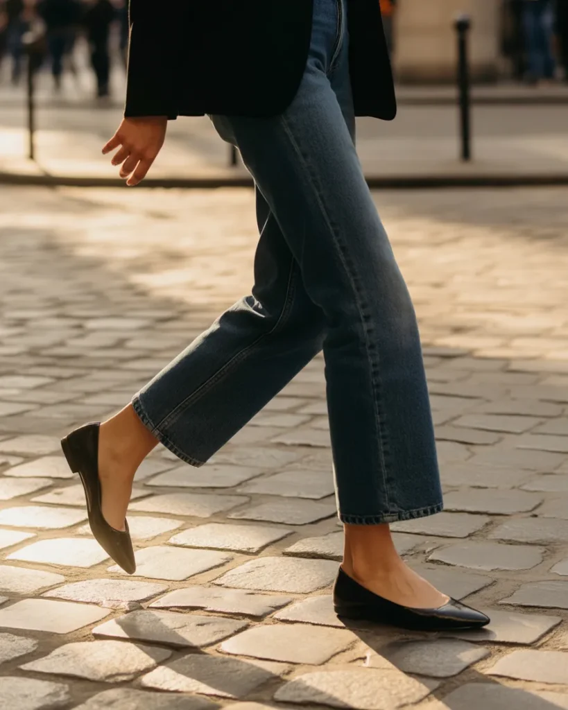 Black ballet flats styled with cuffed straight-leg jeans for travel and city walking