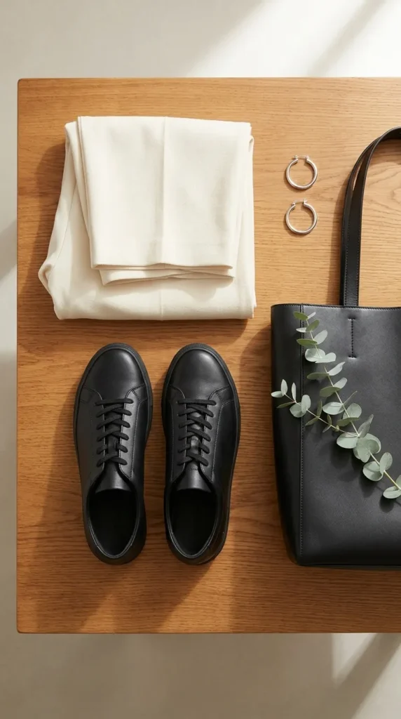 Black leather sneakers styled with cream wide-leg trousers and structured tote for everyday capsule outfit