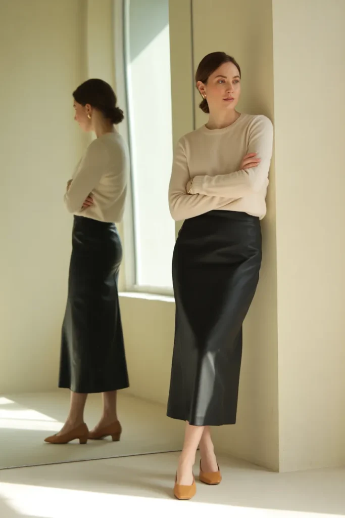 Black midi skirt styled with cream knit sweater and tan ballet flats