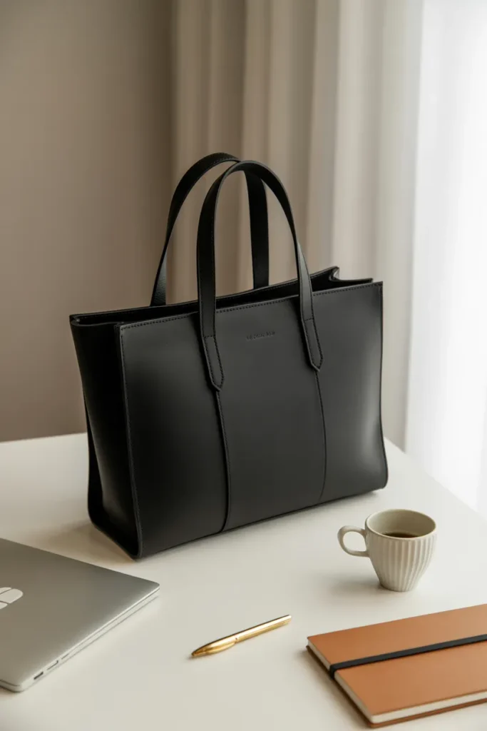 Black structured leather work bag styled on white desk with laptop and notebook for capsule wardrobe office setup