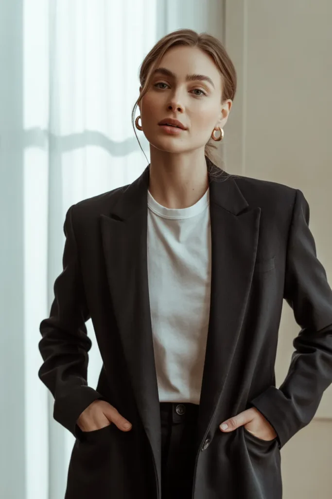 Black wool blazer styled over white tee for French girl style minimalist look