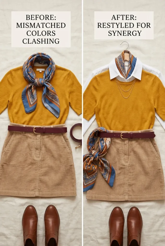 Build this look with what you already own showing how to restyle wrong color pieces for your skin tone