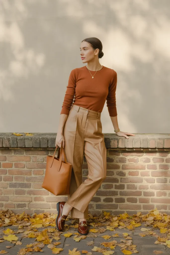 Camel linen pants fall outfit with rust merino sweater and brown loafers for transitional weather