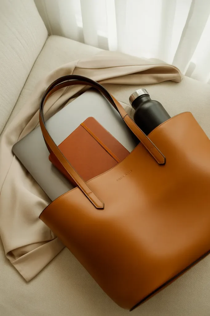 Camel structured leather tote with laptop and notebook for office commute