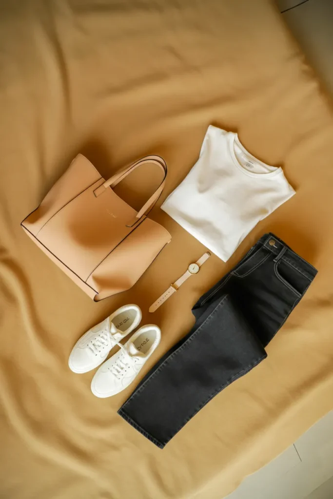 Camel structured tote styled with white tee, straight-leg jeans, and white sneakers in capsule wardrobe flat lay