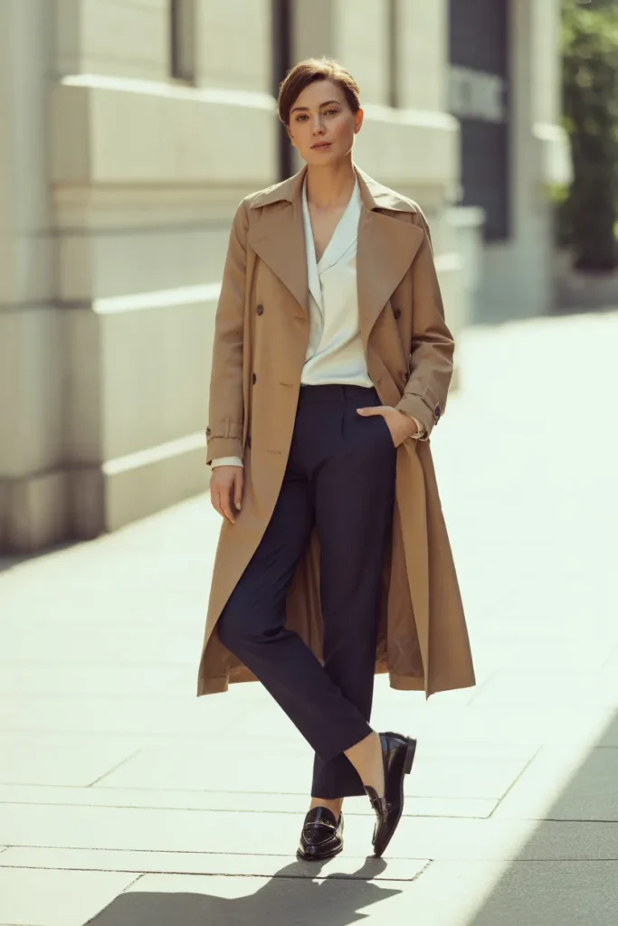 Camel trench coat styled with navy trousers and loafers for office wear