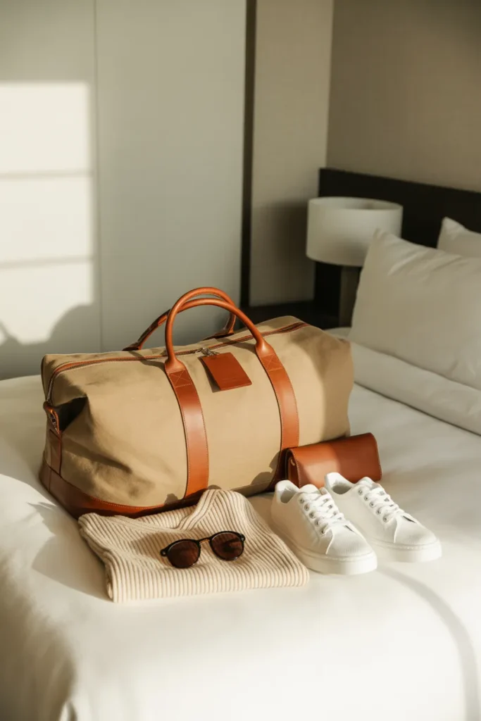 Canvas and leather weekender bag styled with travel essentials on hotel bed for capsule wardrobe trip