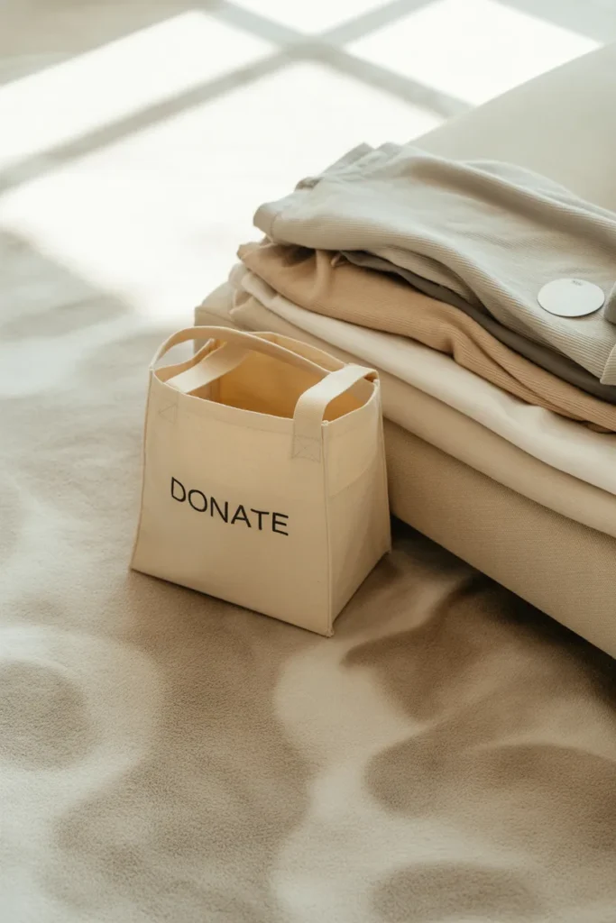 Canvas donation bag with folded capsule wardrobe clothing for closet declutter