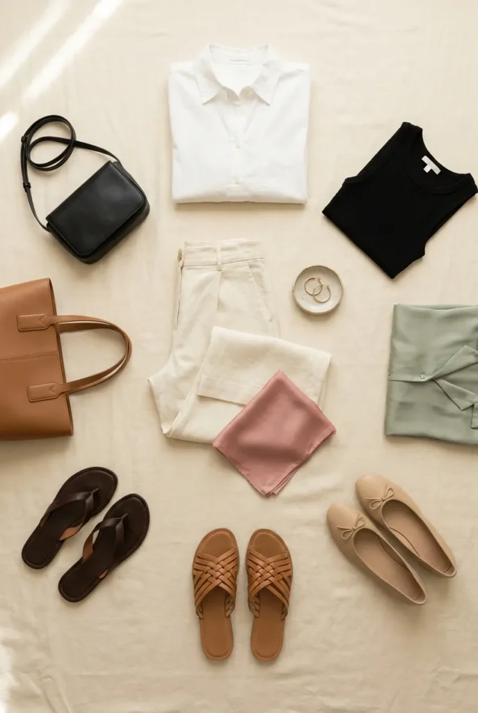 Capris outfit cheat sheet flat lay with cream linen capris, tops, ballet flats, sandals and totes.