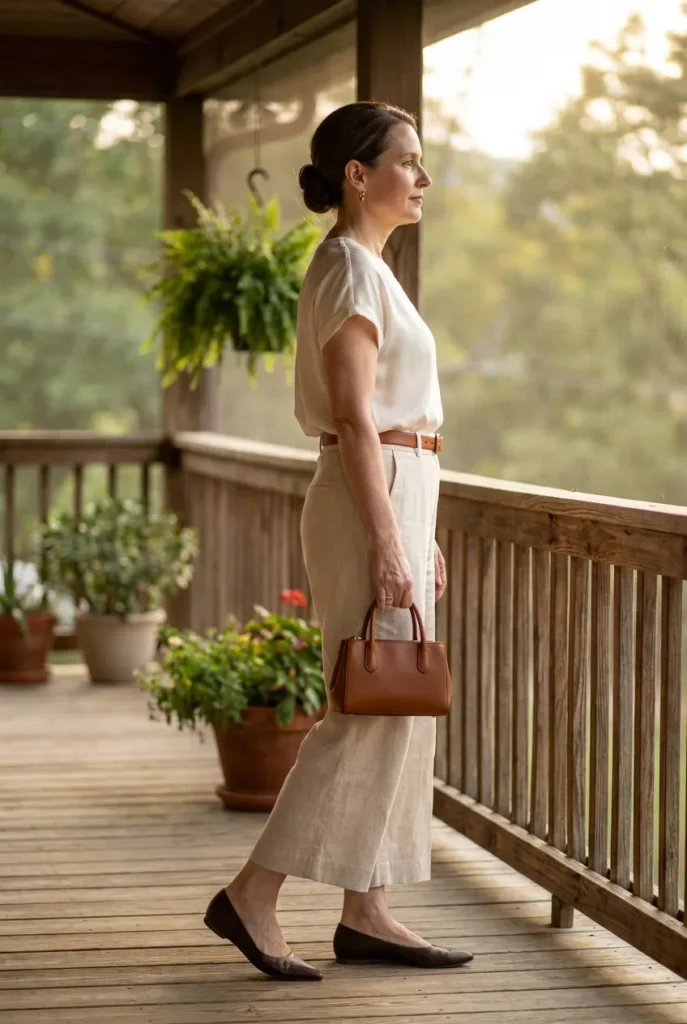 Capris outfit over 50 with oat linen capris, ivory blouse and espresso pointed flats on a porch.