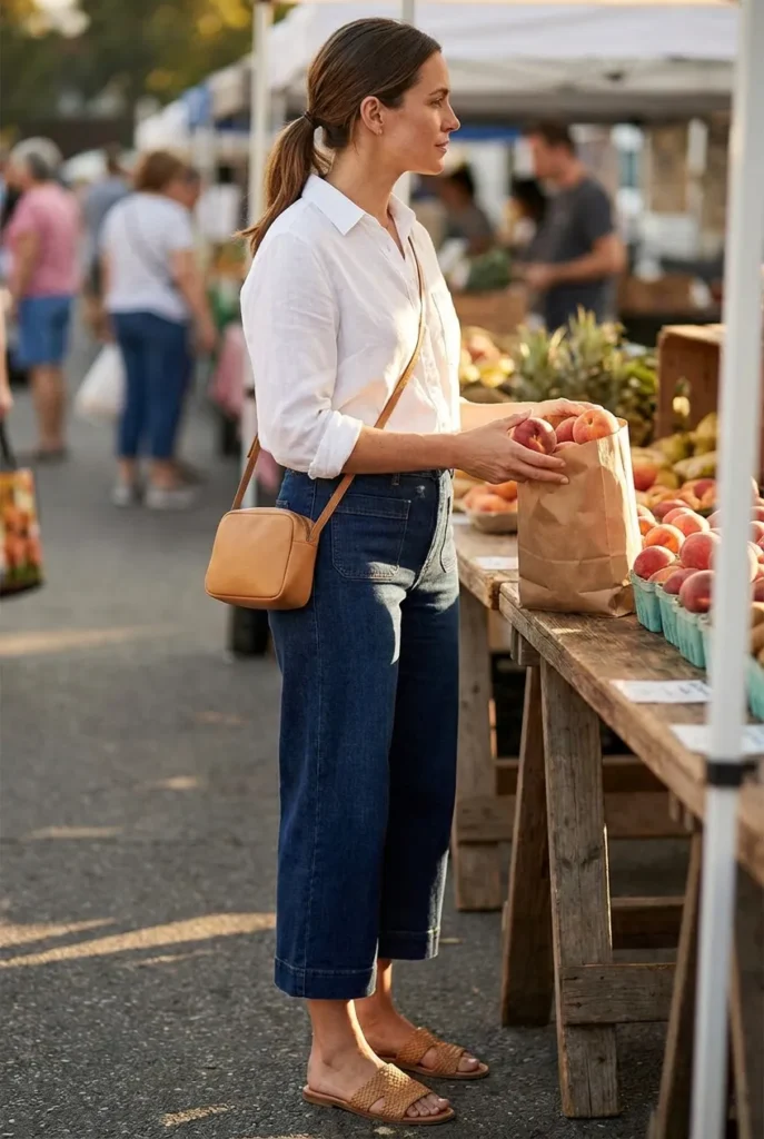 Capris outfit with dark denim capris, white button down and woven sandals at a summer market.
