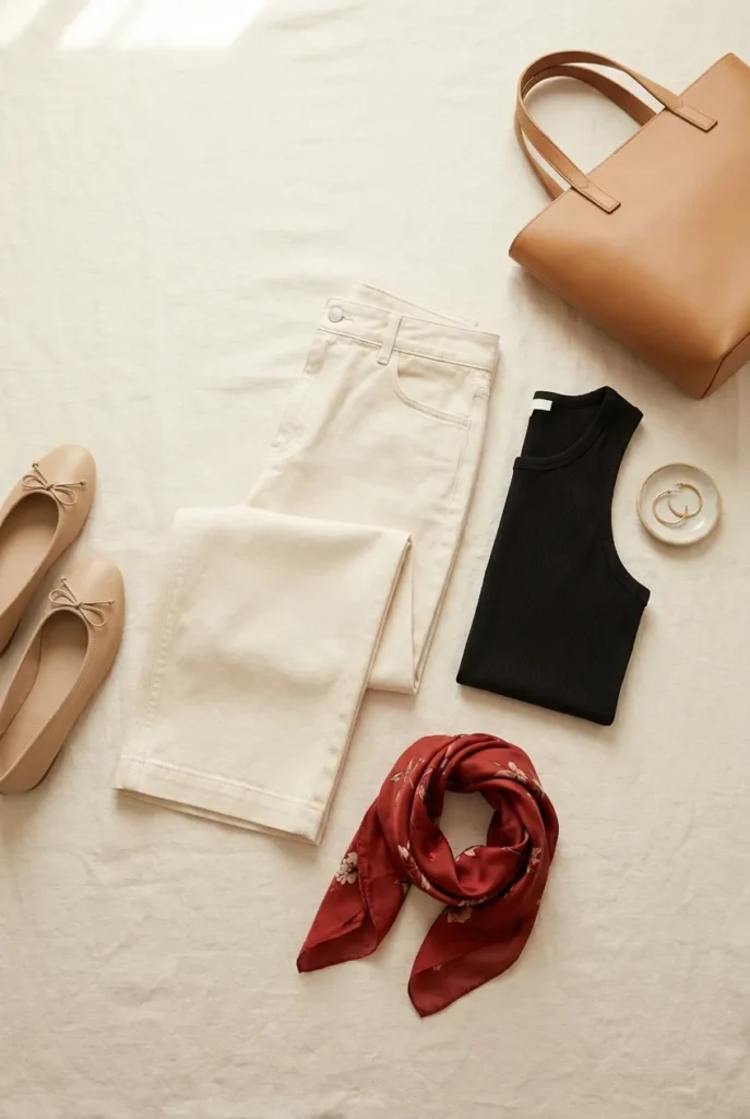 Capris outfits 2026 flat lay with cream wide leg capris, black tank, ballet flats and camel tote.