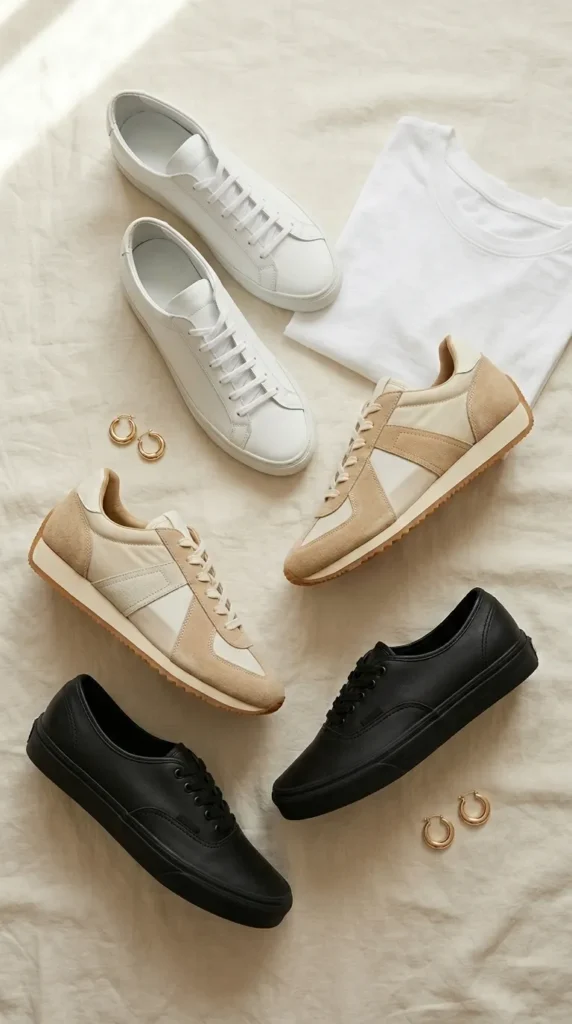 Capsule sneakers for women flat lay with white leather, retro suede runner, and black low-top on cream linen