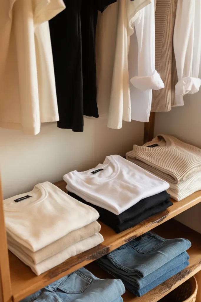 Capsule wardrobe basics folded and organized on wooden shelf for longevity