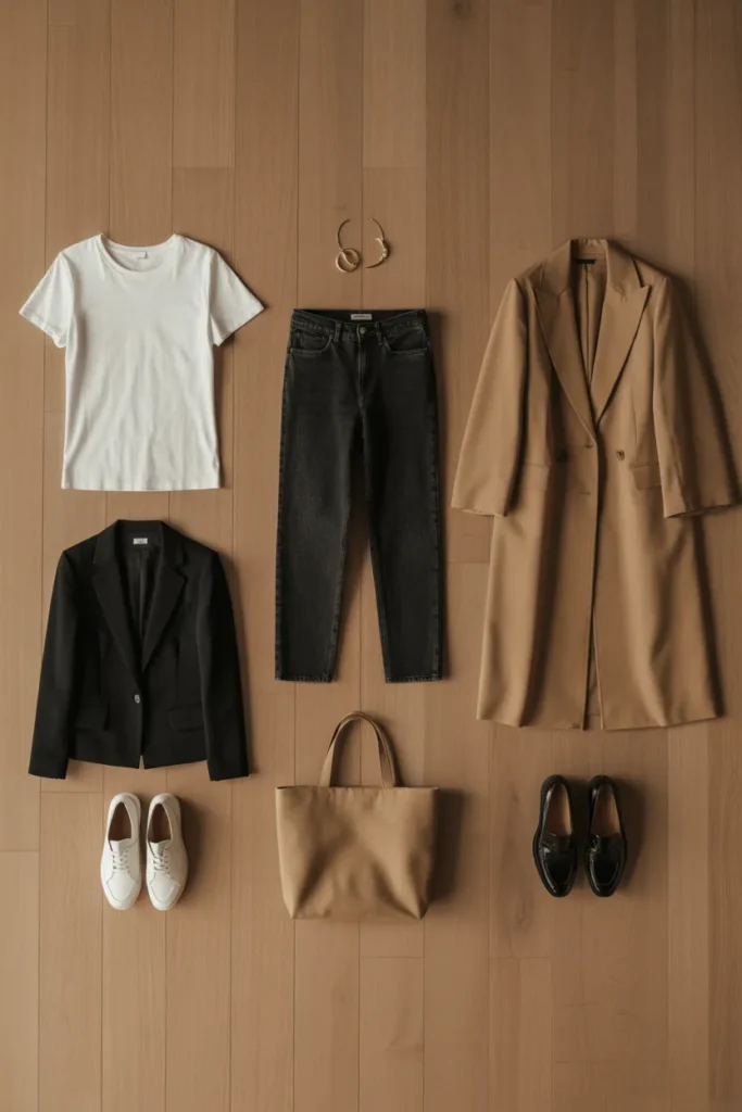 Capsule wardrobe essentials flat lay showing how to build Pinterest fashion trends with white tee, jeans, trench, blazer, sneakers, loafers, and tote.