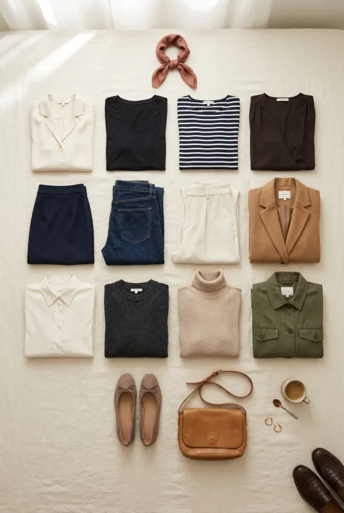 Capsule wardrobe for curvy women flat lay with 18 pieces in ivory, camel, navy, and espresso on linen.