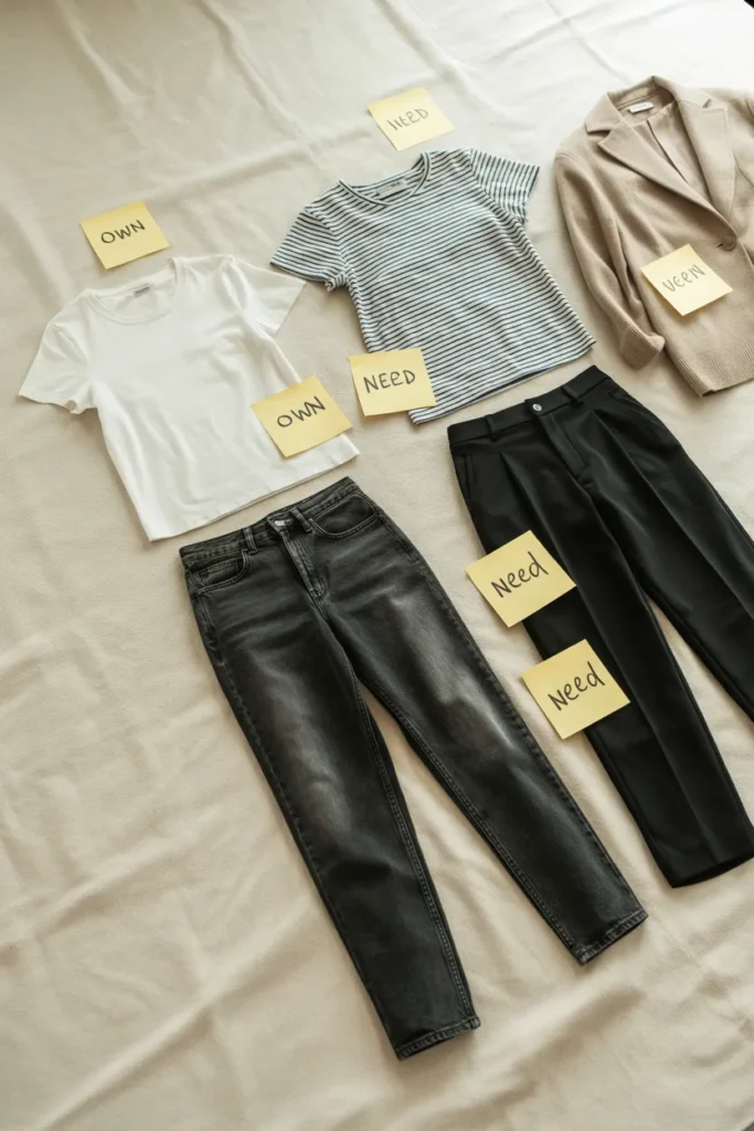 Capsule wardrobe gap-fill checklist showing what to buy versus what you already own