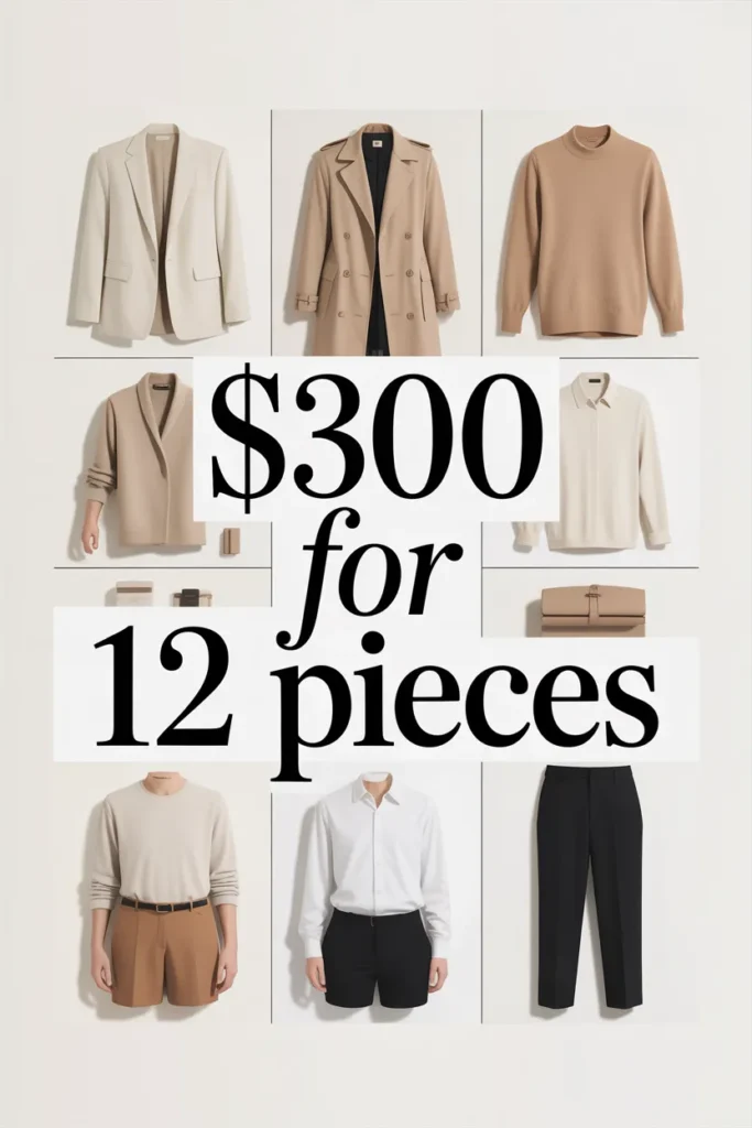 Capsule wardrobe math showing 12 best basics under $30 totaling $300
