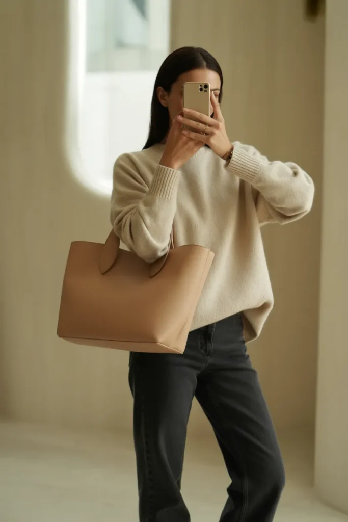 Capsule wardrobe outfit with camel structured tote styled with cream knit and straight-leg jeans