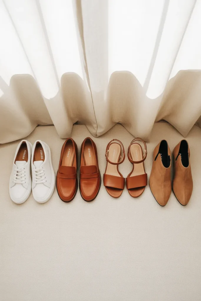 Capsule wardrobe shoes flat lay with sneakers, loafers, sandals, and ankle boots on cream linen.