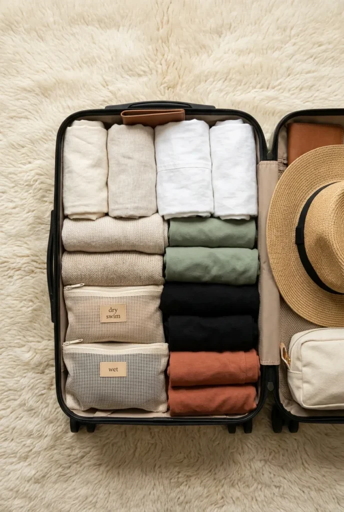 Carry-on suitcase packed with a 10-piece beach vacation capsule wardrobe, mesh pouches, and straw hat.