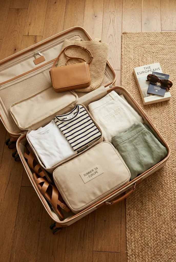 Carry-on suitcase packed with europe summer capsule wardrobe linen pants tee sandals and tote