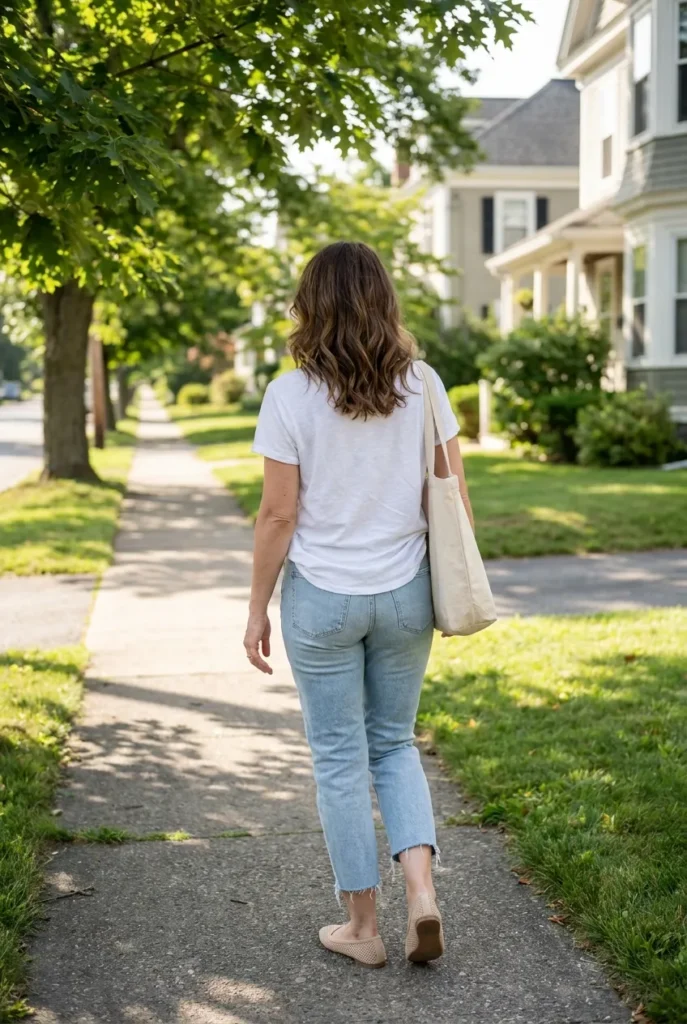 Casual capris outfit with light wash denim capris, white tee and mesh ballet flats on a tree lined sidewalk.