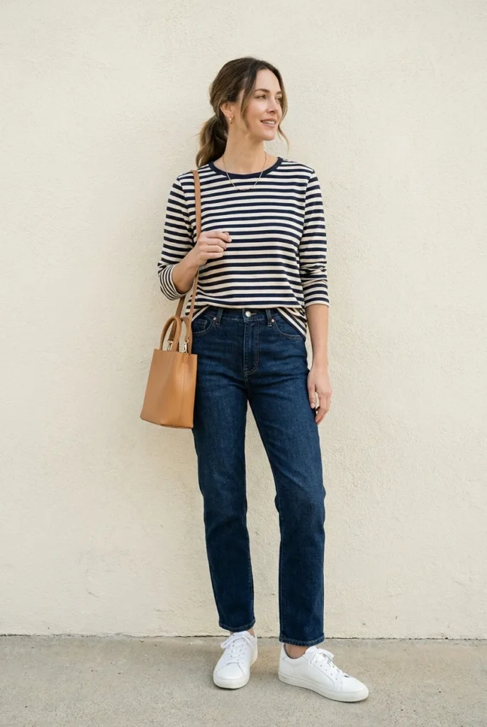 Casual fall outfit idea with striped tee, straight leg jeans, and white sneakers