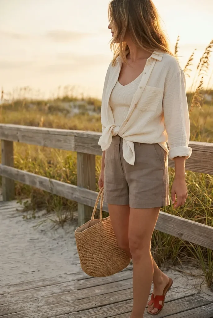 Casual summer layering outfit with a gauze button-down knotted over shorts and a tank