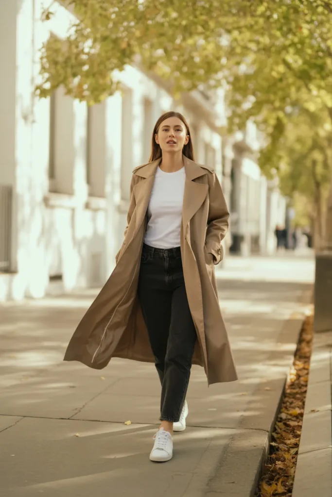 Classic stone trench coat outfit with white tee, jeans, and sneakers walking outdoors in autumn capsule styling.