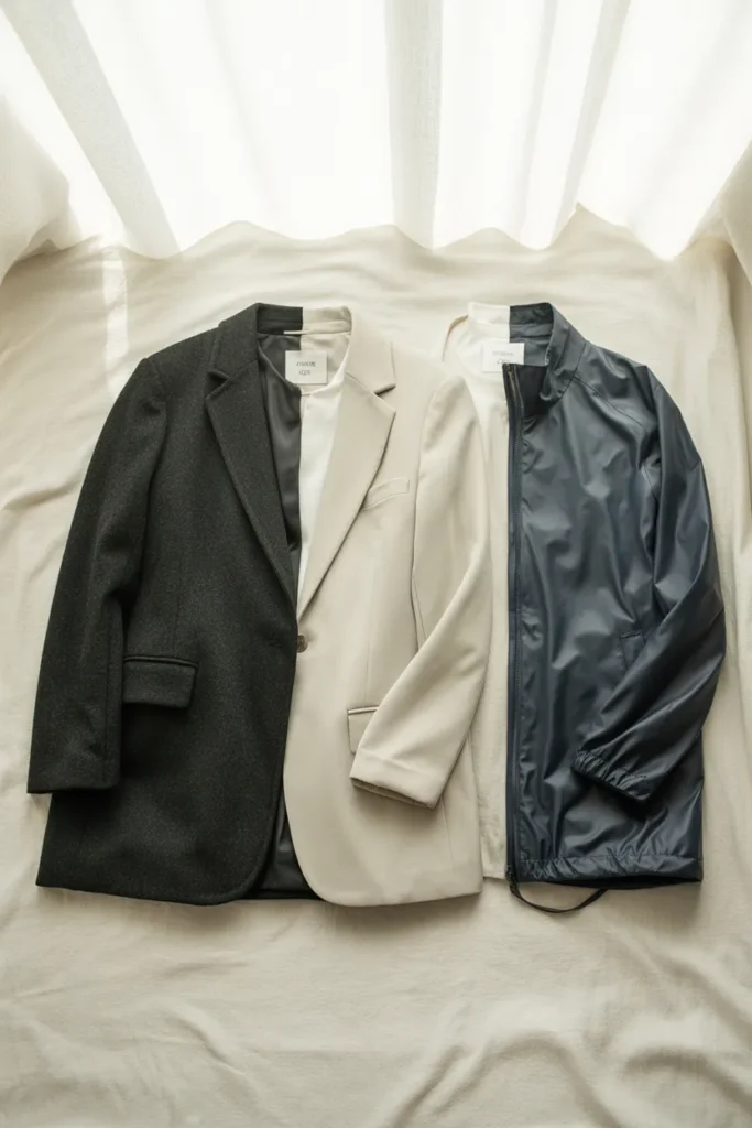 Climate-zone capsule wardrobe swaps including wool coat, linen blazer, and rain jacket flat lay.