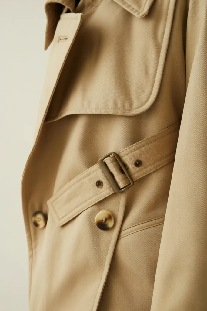 Close-up of beige trench coat construction details including storm flap, double-breasted buttons, and D-ring belt.
