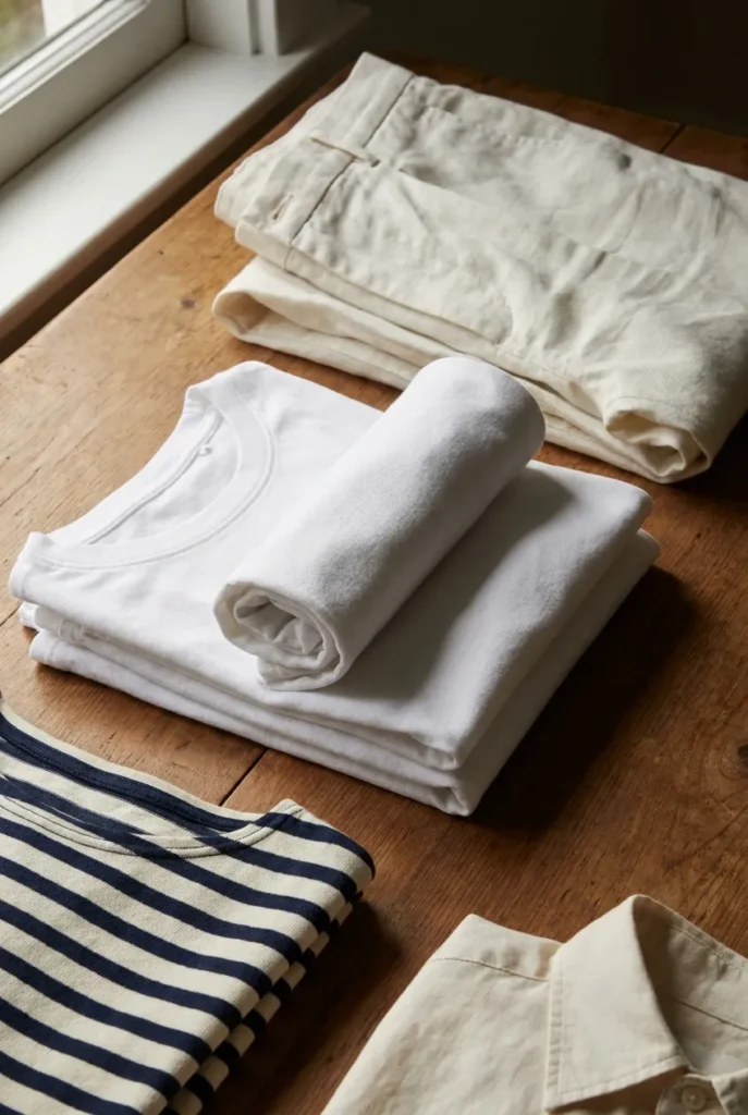 Close-up of folded linen trousers, cotton tees, and Breton stripe shirt showing European summer capsule fabric details.