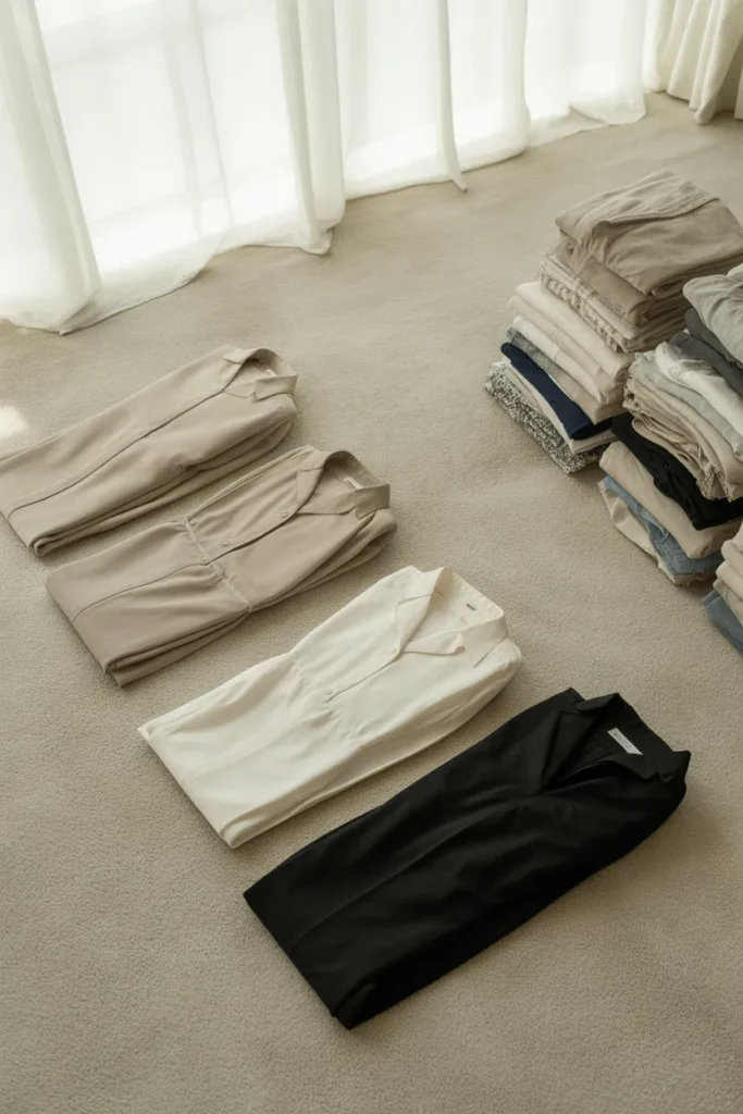 Closet audit with workwear pieces sorted into keep repair and donate piles