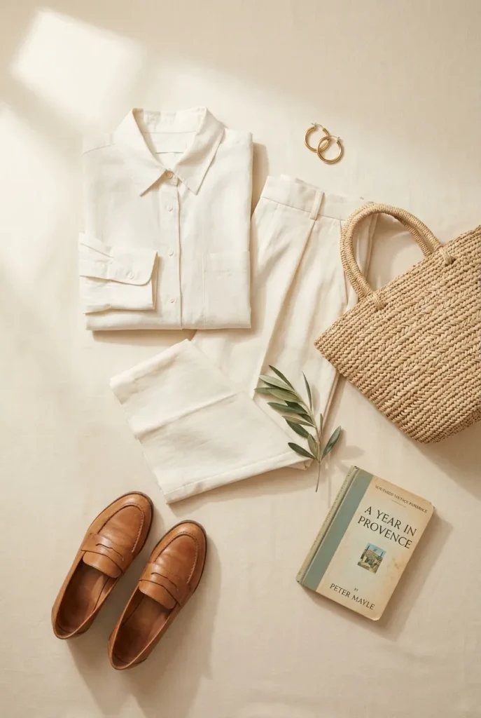 Coastal grandmother aesthetic outfit flat lay with cream linen shirt, wide-leg trousers, straw tote, and tan loafers.