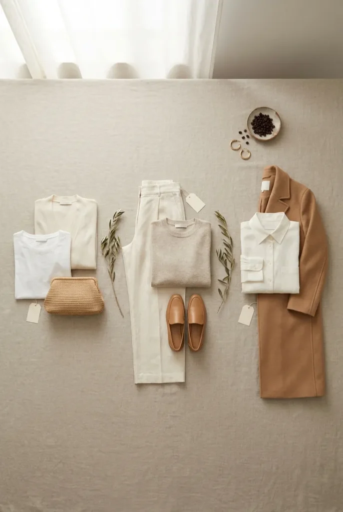 Coastal grandmother aesthetic shopping flat lay across mass mid and contemporary US retailer tiers in cream and camel.