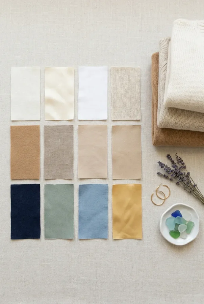 Coastal grandmother color palette flat lay with twelve fabric swatches in cream, oat, camel, navy, and sage.
