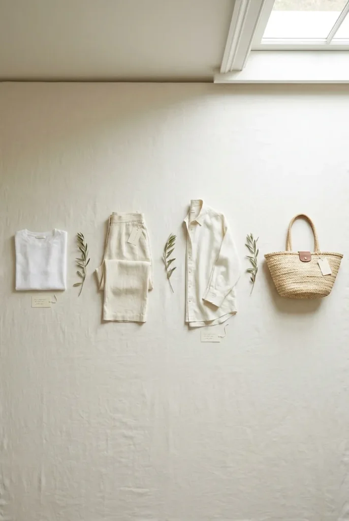 Coastal grandmother outfit formula flat lay with linen tee, wide-leg trousers, button-down layer, and straw tote.