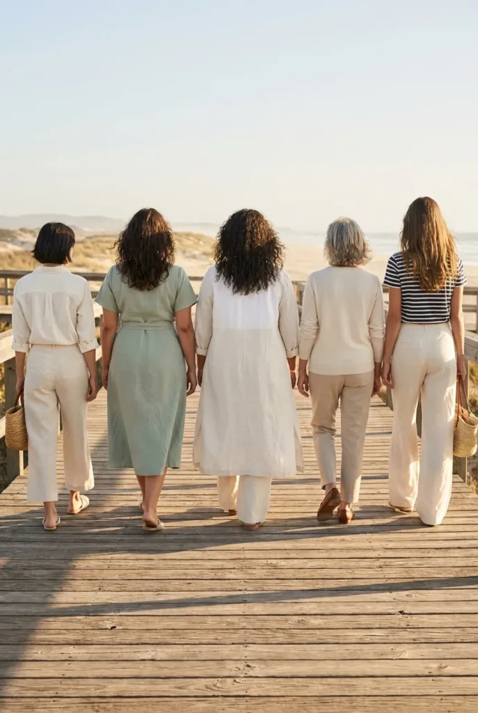 Coastal grandmother outfit ideas for petite, curvy, plus size, over 50, and tall body types on a boardwalk.