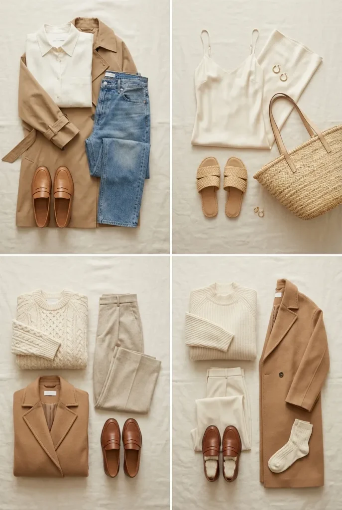 Coastal grandmother outfits by season flat lay grid for spring, summer, fall, and winter capsule wardrobe.