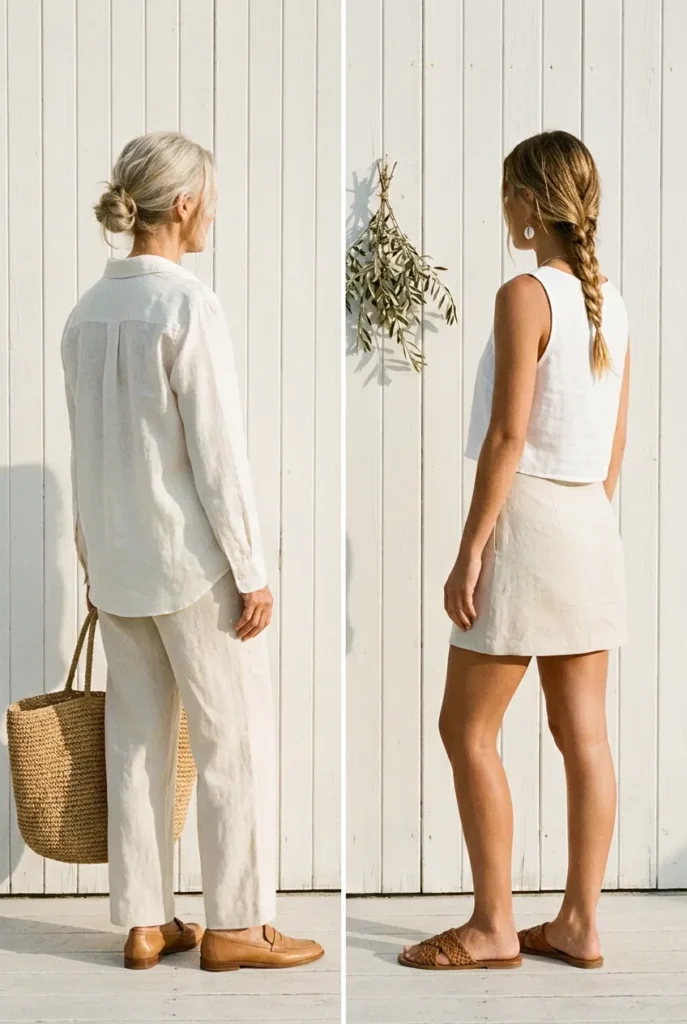 Coastal grandmother vs coastal granddaughter side by side outfit comparison in ivory linen and cream.