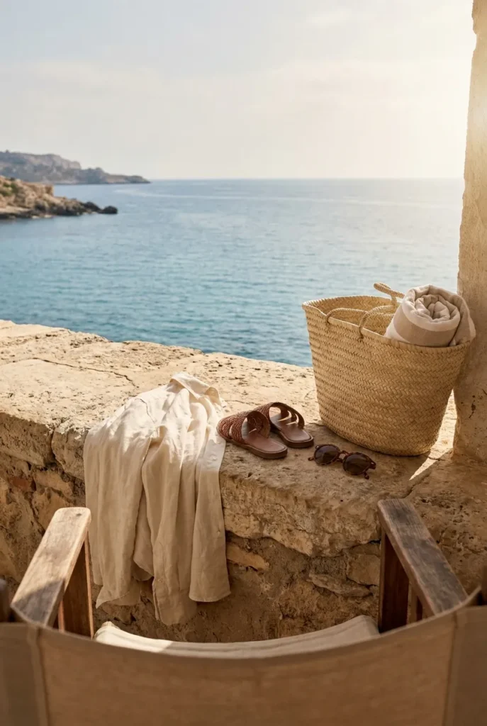 Coastal terrace flat lay with cream linen button-down, woven sandals, straw tote, and sea view for capsule beach outfit.