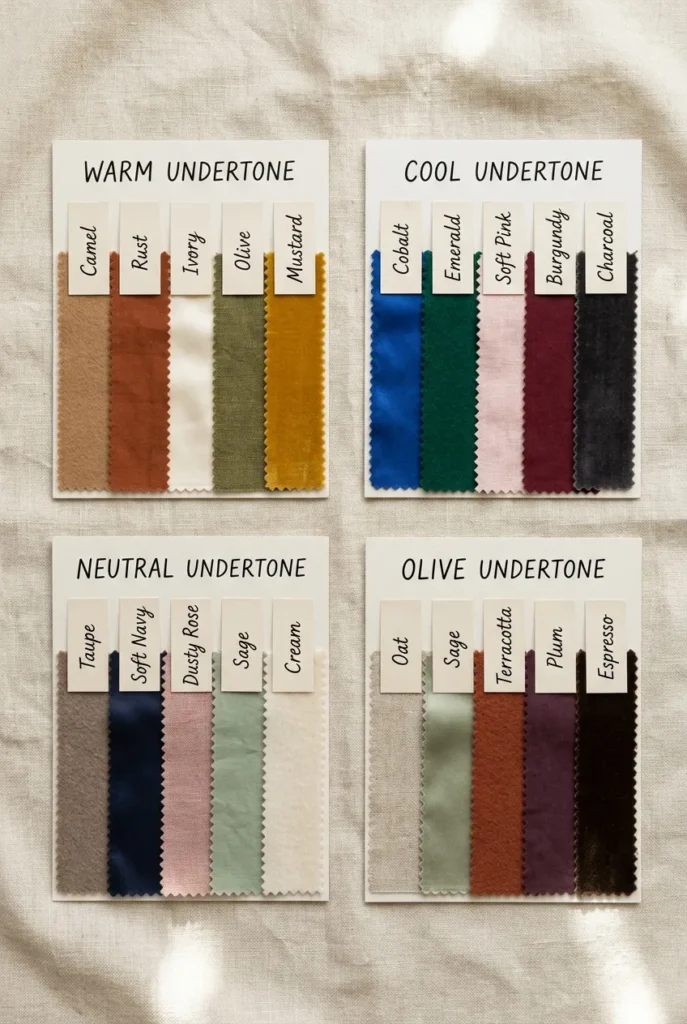 Color theory skin tone chart showing wardrobe colors for warm cool neutral and olive undertones