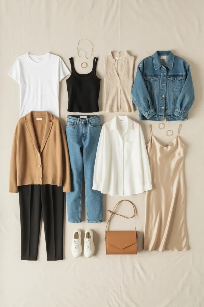 Complete 12-piece capsule wardrobe with best basics under $30 styled together