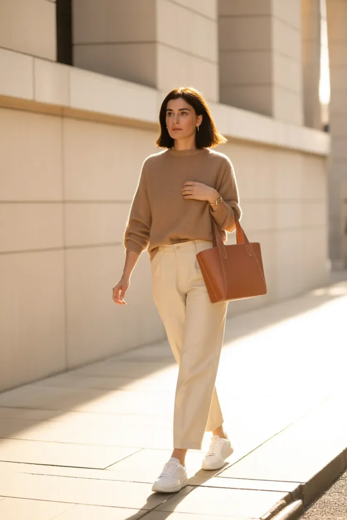 Complete neutral capsule wardrobe outfit with oat cashmere, cream trousers, and tan tote