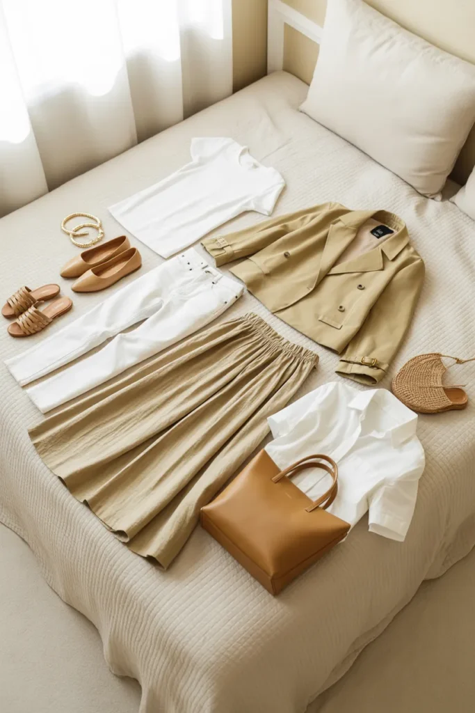 Complete spring to summer capsule wardrobe with neutral pieces laid out for seasonal transition