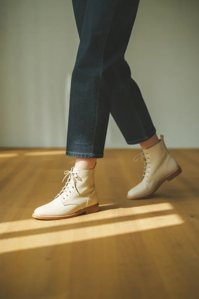 Cream lace-up ankle boots styled with dark wash jeans showcasing 2026 trending fashion for transitional weather.