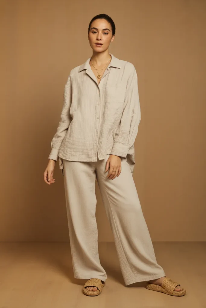 Cream linen on linen matching set with raffia slides for quiet luxury summer style